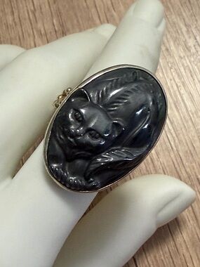 Vintage Hematite Cat Cameo Ring Adjustable Sterling Silver 925 Statement